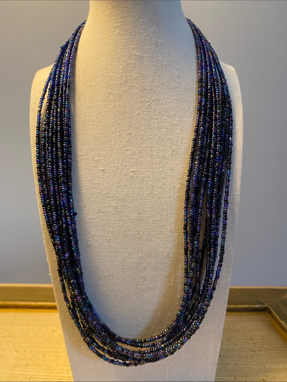 Multi Strand Iridescent Blue Purple Seed Bead Necklace 24” + Extender